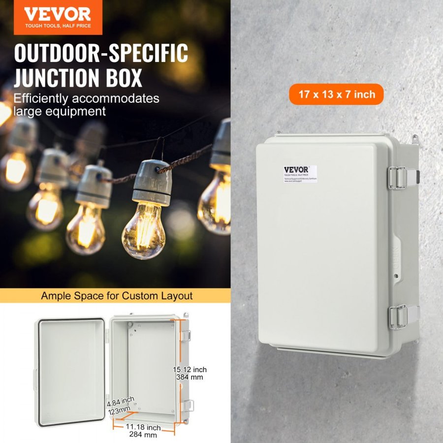 VEVOR Outdoor Electrical Junction Box, 430 x 330 x 180 mm, ABS Plastic Electrical Enclosure Box with Hinged Cover Stainless Steel Latch, IP67 Dustproof Waterproof for Outdoor Electrical Projects