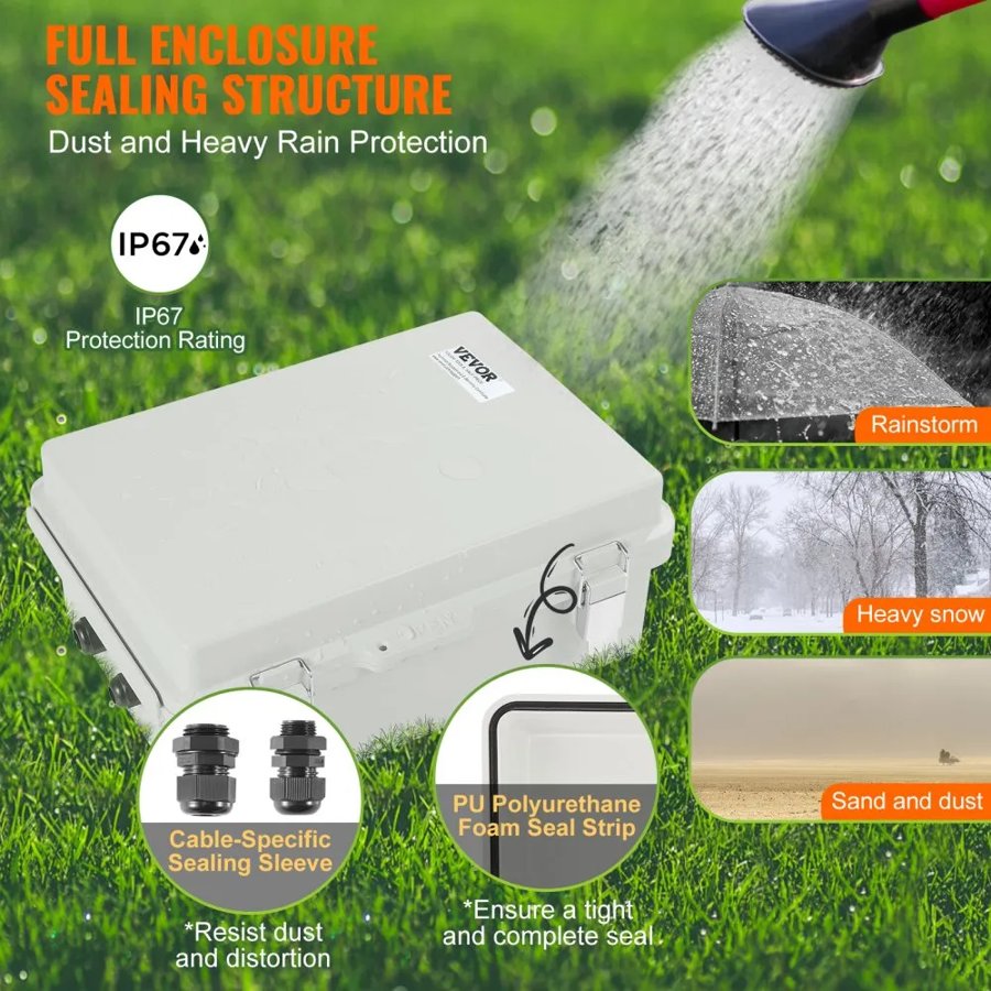 VEVOR Outdoor Electrical Junction Box, 430 x 330 x 180 mm, ABS Plastic Electrical Enclosure Box with Hinged Cover Stainless Steel Latch, IP67 Dustproof Waterproof for Outdoor Electrical Projects