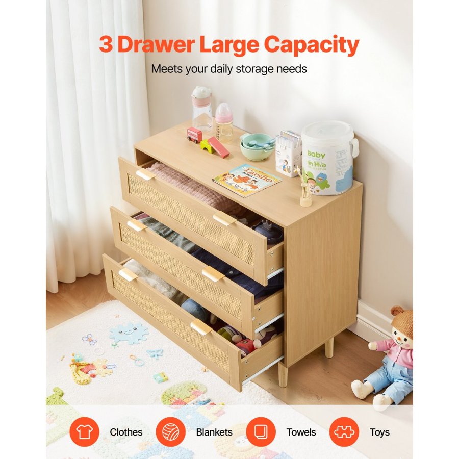 VEVOR 3 Drawer Rattan Dresser – 7.4" Deep, 66 lb Top