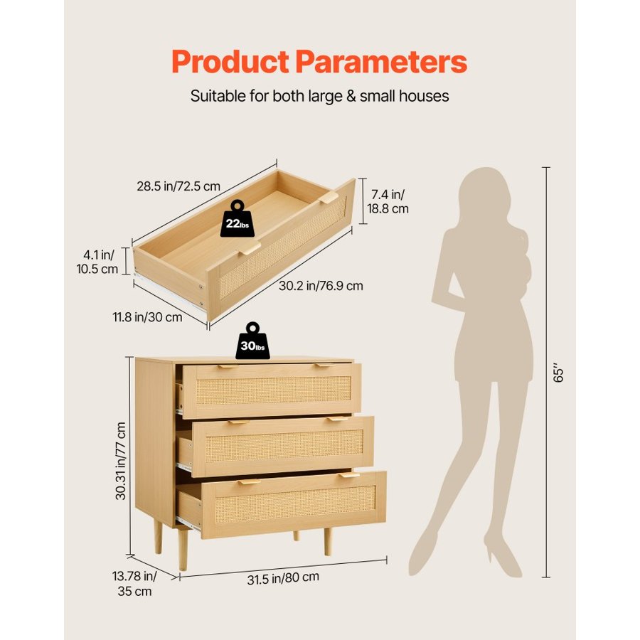 VEVOR 3 Drawer Rattan Dresser – 7.4" Deep, 66 lb Top