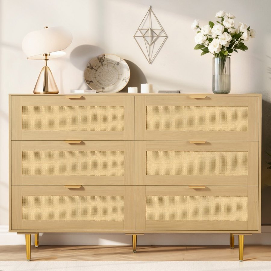 VEVOR Rattan Dresser 6 Drawer – 47.24", 22LB, Natural Wood
