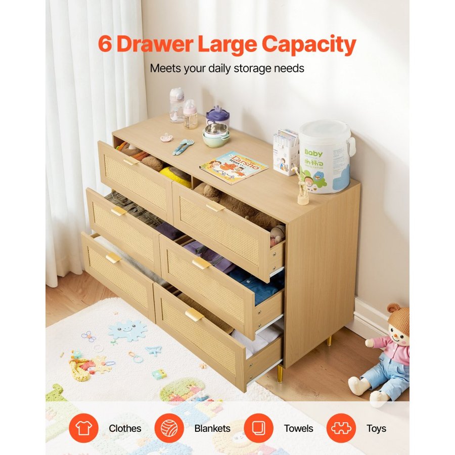 VEVOR Rattan Dresser 6 Drawer – 47.24", 22LB, Natural Wood