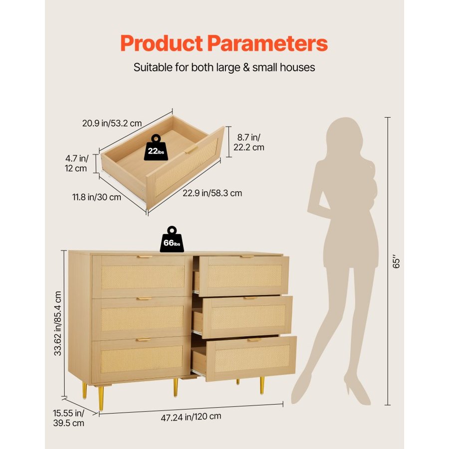 VEVOR Rattan Dresser 6 Drawer – 47.24", 22LB, Natural Wood