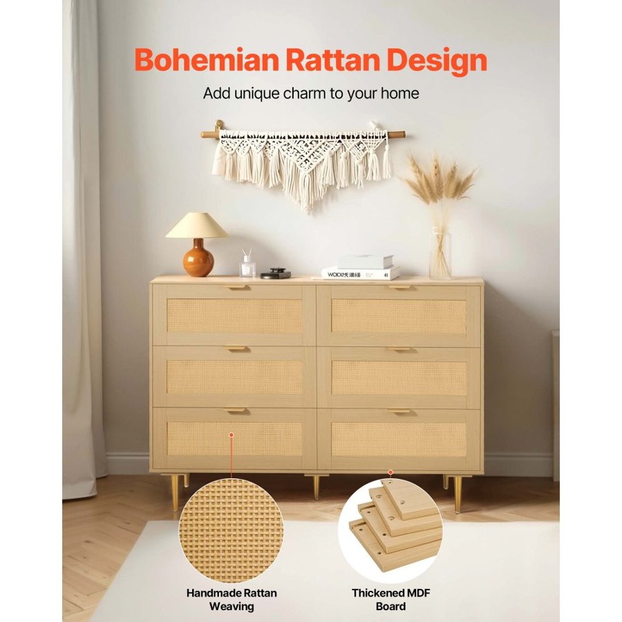 VEVOR Rattan Dresser 6 Drawer – 47.24", 22LB, Natural Wood