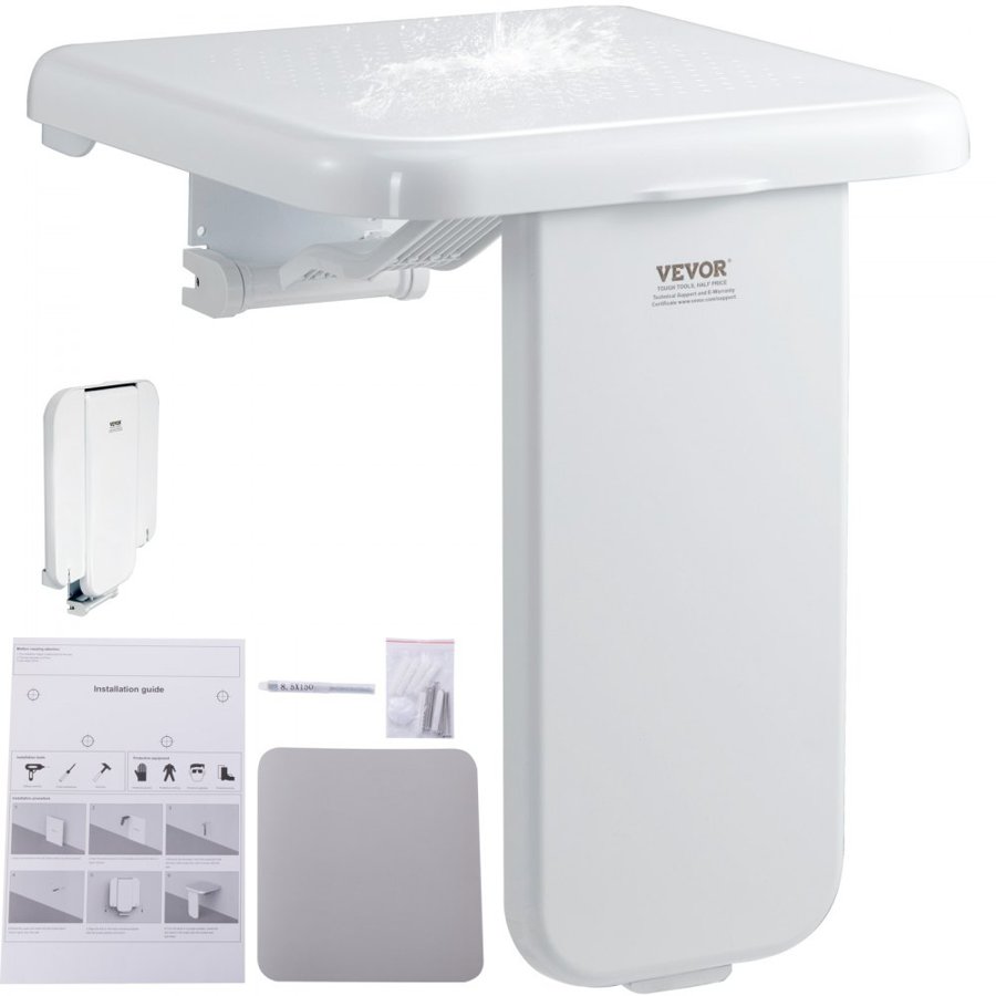 VEVOR Folding ABS Shower Seat, 15.7'' x 16.7'' Unfolded, Wall Mounted Fold Up Shower Bench with 440 lbs Load Capacity, Space Saving Fold Down Shower Chair for Seniors Pregnant Women Children Adults