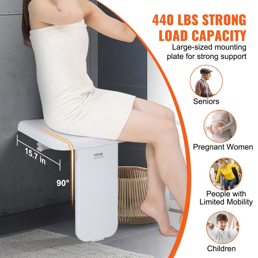 VEVOR Folding ABS Shower Seat, 15.7'' x 16.7'' Unfolded, Wall Mounted Fold Up Shower Bench with 440 lbs Load Capacity, Space Saving Fold Down Shower Chair for Seniors Pregnant Women Children Adults