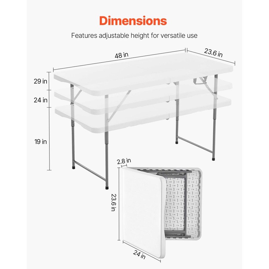 VEVOR Folding Table, 4 Ft Heavy Duty Portable Fold-in-Half Utility Table, Indoor Outdoor Plastic Rectangle Table with Adjustable Height and Built in Handle, for Party, Dining, Picnic, Camping, White