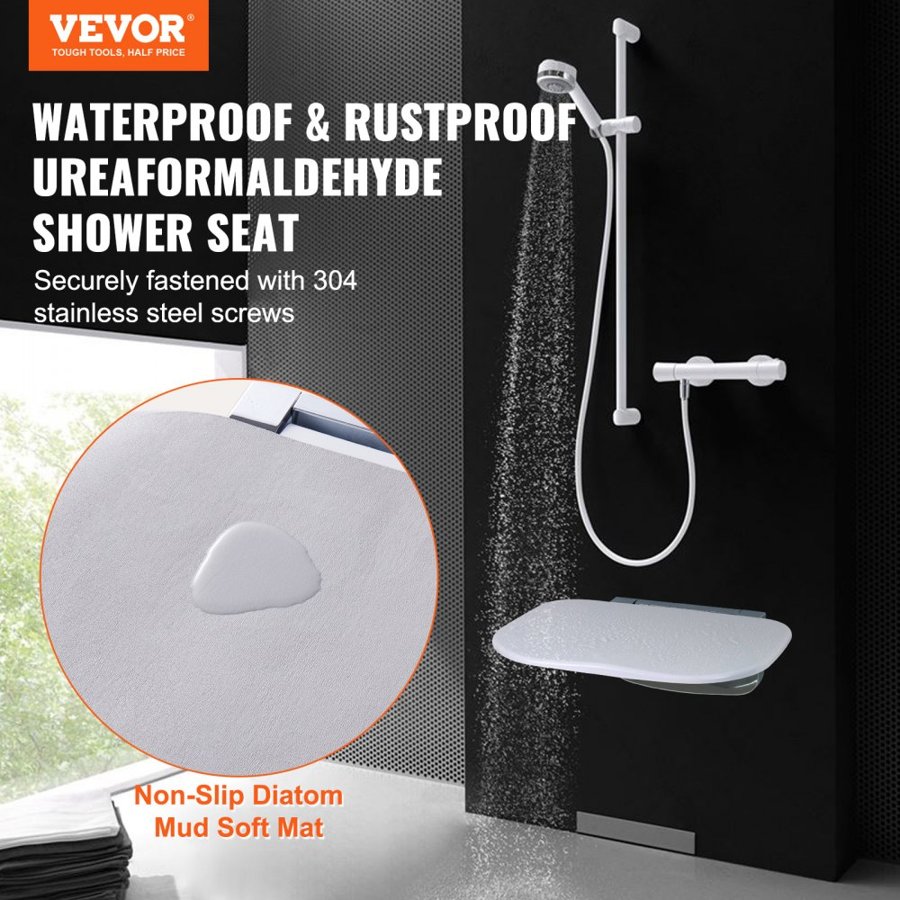 VEVOR Folding Shower Seat 13.6"/34.5 cm x 12.8"/32.5 cm Wall Mounted Shower Bench 450 lbs/204.1 kg