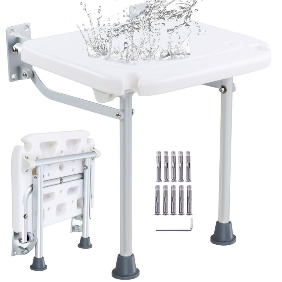 VEVOR Folding PE Shower Seat, 15.7'' x 14.8'' Unfolded, Wall Mounted Fold Up Shower Bench with 500 lbs Load Capacity, Space Saving Fold Down Shower Chair for Seniors Pregnant Women Children Adults