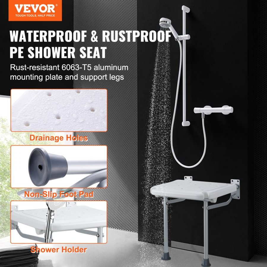 VEVOR Folding PE Shower Seat, 15.7'' x 14.8'' Unfolded, Wall Mounted Fold Up Shower Bench with 500 lbs Load Capacity, Space Saving Fold Down Shower Chair for Seniors Pregnant Women Children Adults