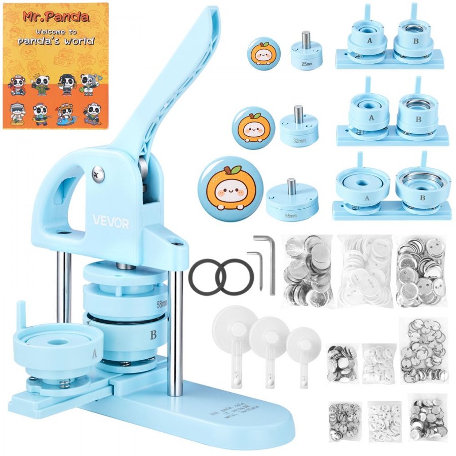 VEVOR Button Maker Machine 1"/1.25"/2.25"(25/32/58 mm) Pin Maker Blue, with 300pcs Button Parts, Circle Cutter and Magic Book, Ergonomic Handle, for DIY Badges, Pins, Fridge Magnets and Key Chains