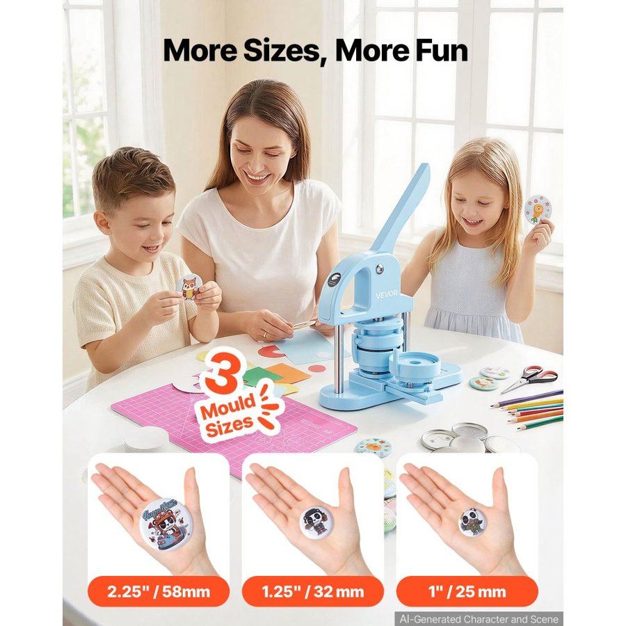 VEVOR Button Maker Machine 1"/1.25"/2.25"(25/32/58 mm) Pin Maker Blue, with 300pcs Button Parts, Circle Cutter and Magic Book, Ergonomic Handle, for DIY Badges, Pins, Fridge Magnets and Key Chains