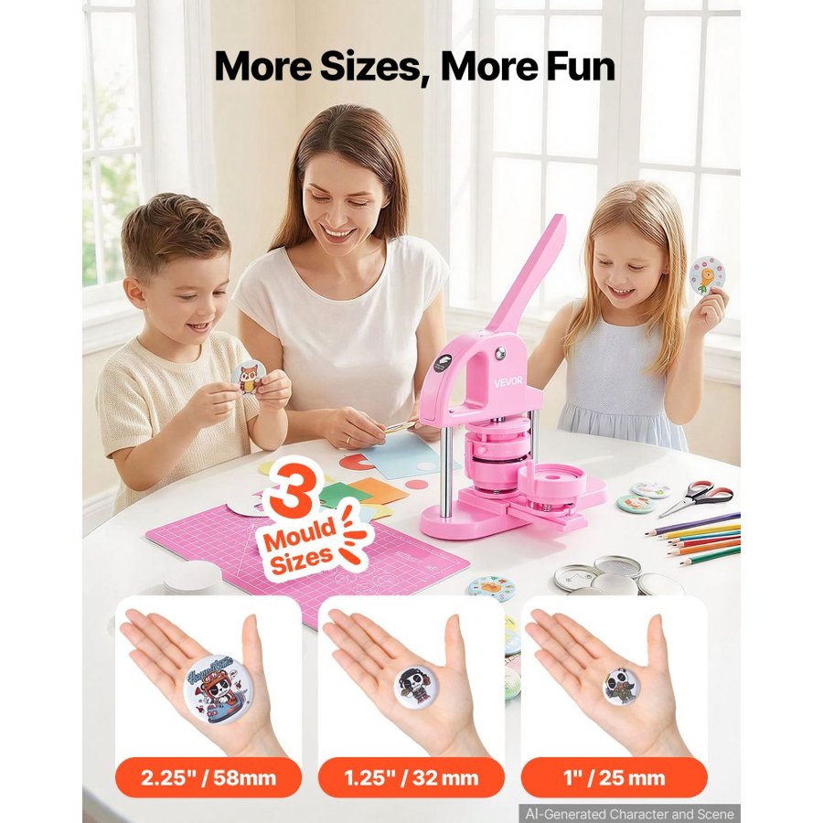 VEVOR Button Maker, 1/1.25/2.28 inch(25/32/58mm) 3-IN-1 Pin Maker, 300pcs Button Parts, Button Maker Machine with Panda Magic Book, Ergonomic Arc Handle Punch Press Kit, For Children DIY Gifts, Pink