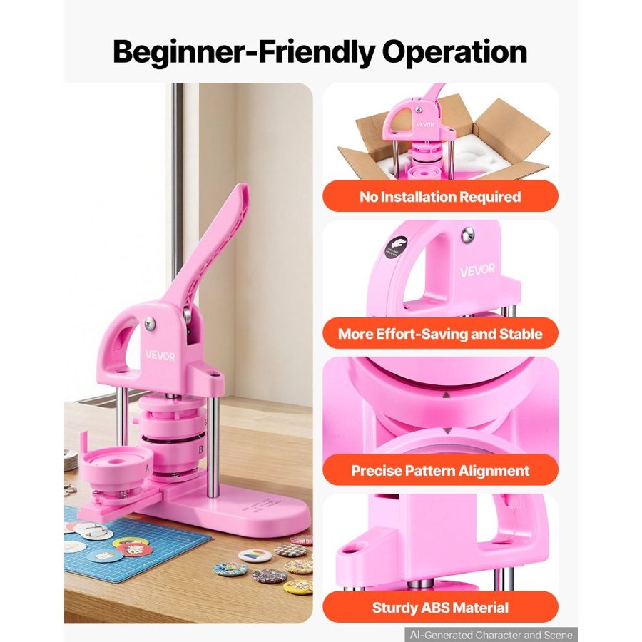 VEVOR Button Maker, 1/1.25/2.28 inch(25/32/58mm) 3-IN-1 Pin Maker, 300pcs Button Parts, Button Maker Machine with Panda Magic Book, Ergonomic Arc Handle Punch Press Kit, For Children DIY Gifts, Pink