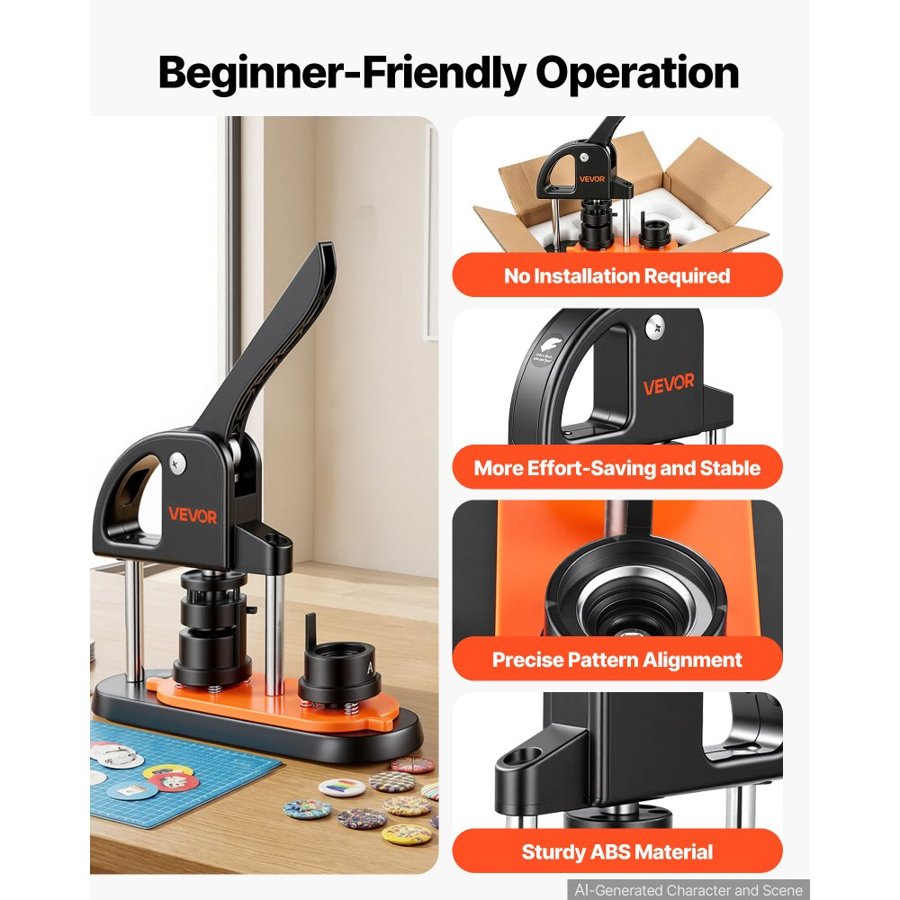 VEVOR Button Maker Machine, 0.98 inch/25mm Pin Maker, Installation-Free Badge Punch Press Kit, Children DIY Gifts Button Making Supplies with 500pcs Button Parts, Circle Cutter, Magic Book