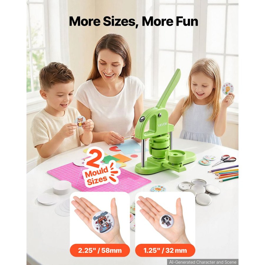 VEVOR Button Maker Machine 1.25"/2.25"(32/58 mm) Plastic Pin Maker Green, with 200pcs Button Parts, Circle Cutter and Magic Book, Ergonomic Handle, for DIY Badges, Pins, Fridge Magnets and Key Chains