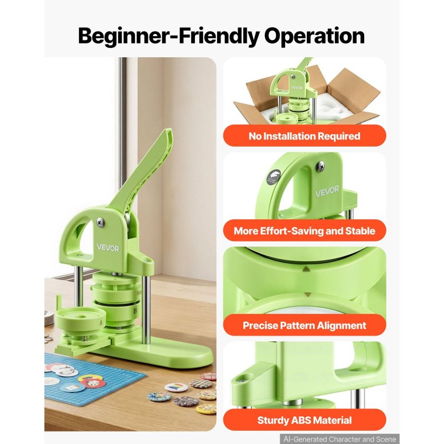 VEVOR Button Maker Machine 1.25"/2.25"(32/58 mm) Plastic Pin Maker Green, with 200pcs Button Parts, Circle Cutter and Magic Book, Ergonomic Handle, for DIY Badges, Pins, Fridge Magnets and Key Chains