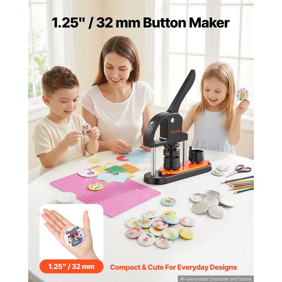 VEVOR Button Maker Machine, 1.25 inch/32mm Pin Maker, Installation-Free Badge Punch Press Kit, Children DIY Gifts Button Making Supplies with 500pcs Button Parts, Circle Cutter, Magic Book