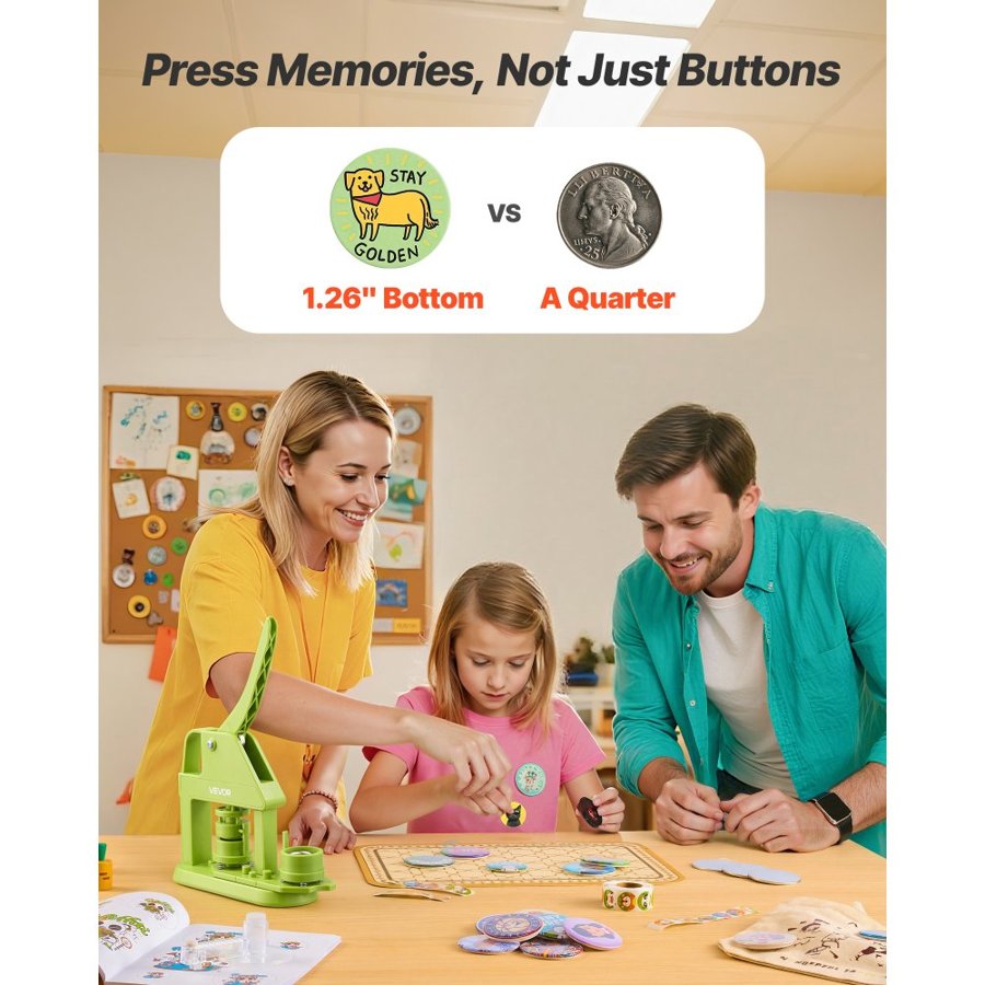 VEVOR Button Maker Machine, 32 mm, Plastic Pin Maker with 500pcs Button Parts, Mr. Panda Magic Book, Circle Cutter and Hex Wrenches, Reinforced Ergonomic Handle, for DIY Badges, Personalized Pins
