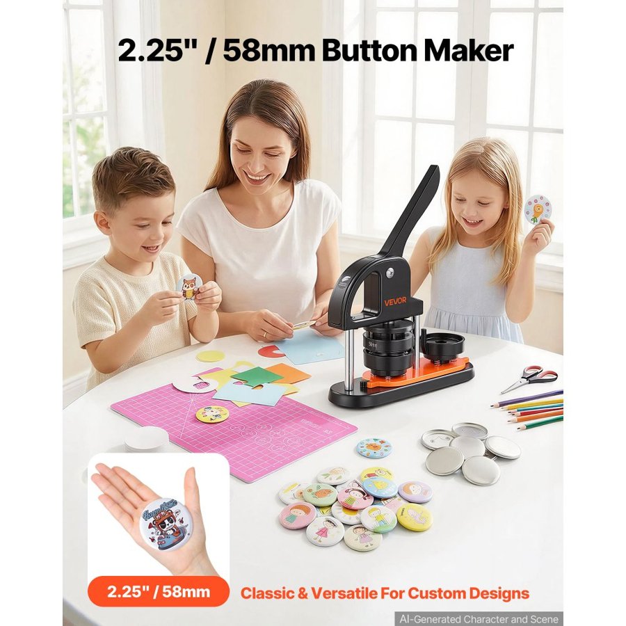 VEVOR Button Maker Machine, 2.28 inch/58mm Pin Maker, Installation-Free Badge Punch Press Kit, Children DIY Gifts Button Making Supplies with 500pcs Button Parts, Circle Cutter, Magic Book