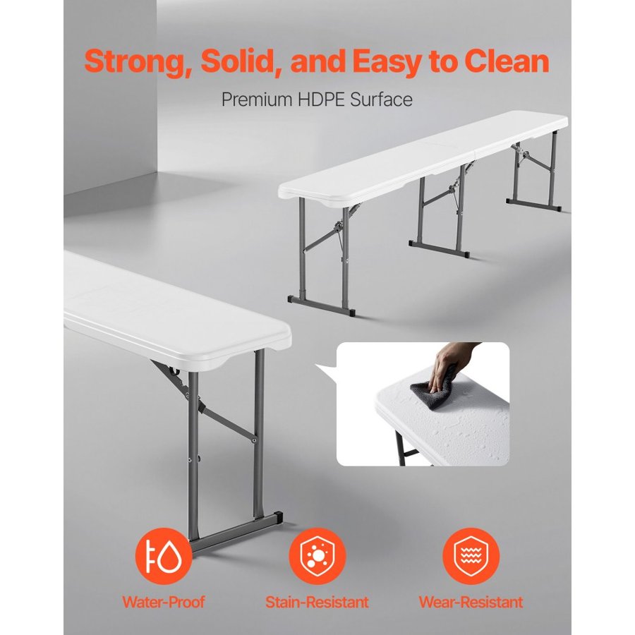 VEVOR Plastic Folding Bench, 6 ft Portable Bench for Indoor/Outdoor Picnic Party Patio Camping Dining, Foldable Smooth HDPE Seat for Garden Soccer Multipurpose Entertaining Activities, 1 Pack, White