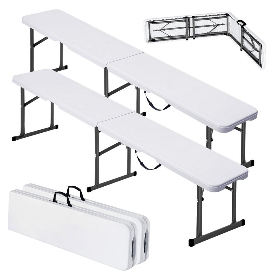 VEVOR Plastic Folding Bench, 6 ft Portable Bench for Indoor/Outdoor Picnic Party Patio Camping Dining, Foldable Smooth HDPE Seat for Garden Soccer Multipurpose Entertaining Activities, 2 Pack, White