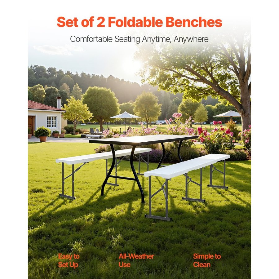 VEVOR Plastic Folding Bench, 6 ft Portable Bench for Indoor/Outdoor Picnic Party Patio Camping Dining, Foldable Smooth HDPE Seat for Garden Soccer Multipurpose Entertaining Activities, 2 Pack, White