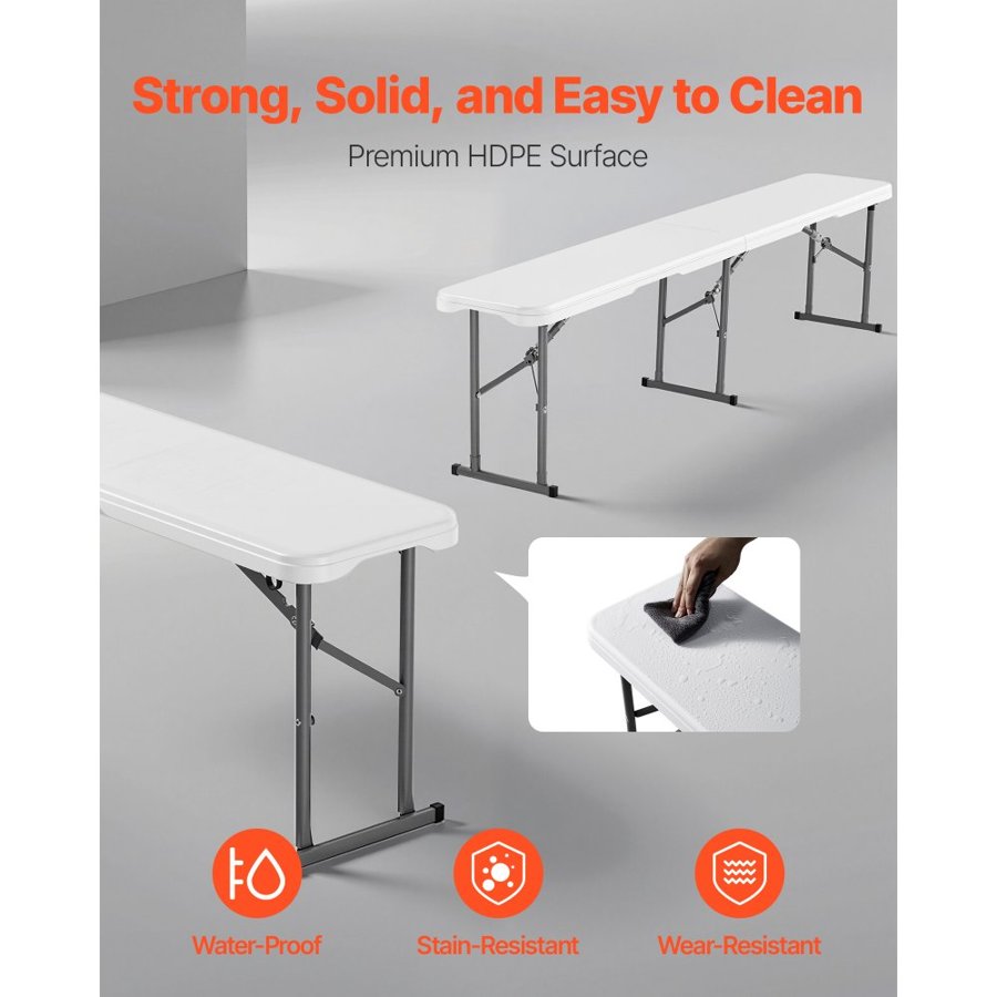 VEVOR Plastic Folding Bench, 6 ft Portable Bench for Indoor/Outdoor Picnic Party Patio Camping Dining, Foldable Smooth HDPE Seat for Garden Soccer Multipurpose Entertaining Activities, 2 Pack, White