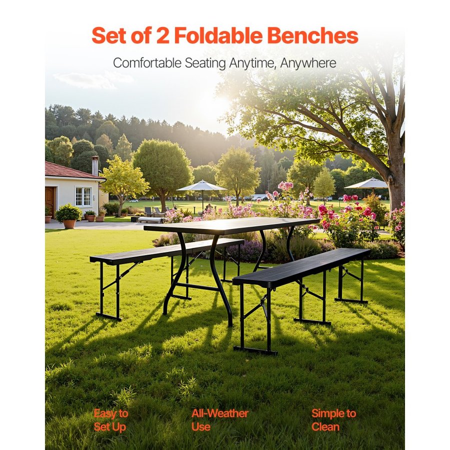 VEVOR Plastic Folding Bench, 6 ft Portable Bench for Outdoor Picnic Party Camping Dining, Foldable Smooth HDPE Seat for Garden Soccer Multipurpose Entertaining Activities, 2 Pack, 2 Carry Bags, Black