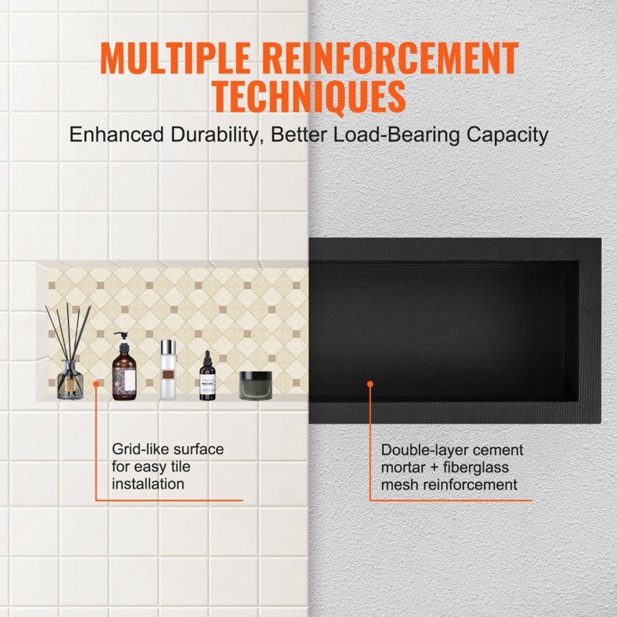 VEVOR Shower Niche Ready for Tile 40.64 x 127 cm, Single Shelf Organizer, Square Corners Wall-inserted Niche Recessed, Sealed Protection Modern Soap Storage Niche for Shower Bathroom, Black