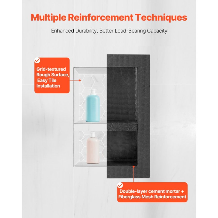 VEVOR Shower Niche, 40.6 x 50.8 x 10.2 cm Recessed Wall Niche with Movable Divider Shelf, Modern Soap & Shampoo Storage Organizer, Square Corners, Sealed Waterproof Design, Black for Bathroom Shower
