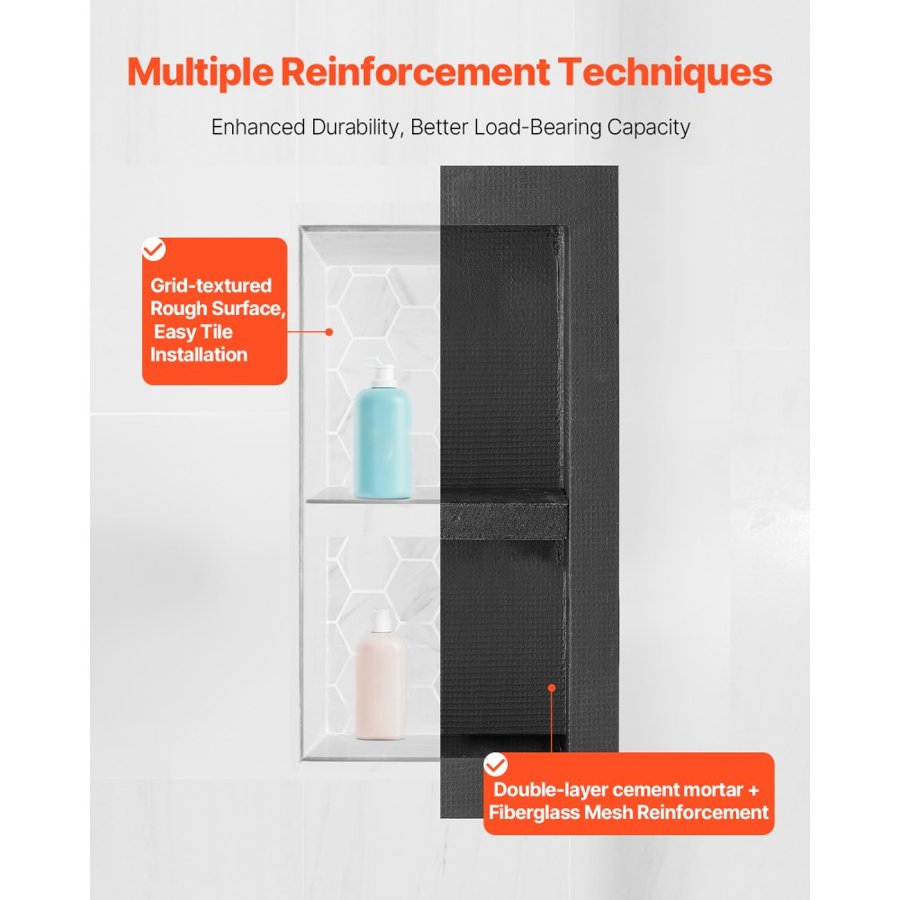 VEVOR Shower Niche, 40.6 x 81.3 cm + 40.6 x 81.3 cm Recessed Wall Niche with Movable Shelf, 10.2 cm Thick Modern Soap & Shampoo Storage Organizer,Square Corners,Sealed Waterproof, Black for Bathroom