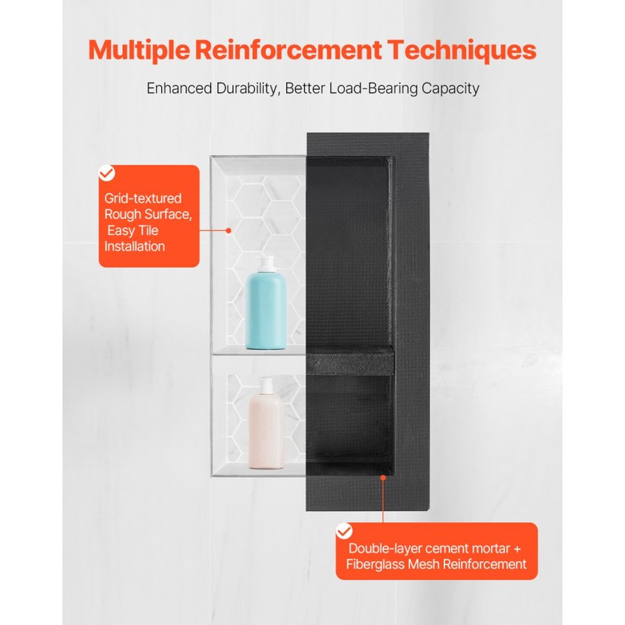 VEVOR Shower Niche, 40.6 x 61.0 cm + 40.6 x 61.0 cm Recessed Wall Niche with Movable Shelf, 10.2 cm Thick Modern Soap & Shampoo Storage Organizer,Square Corners,Sealed Waterproof, Black for Bathroom