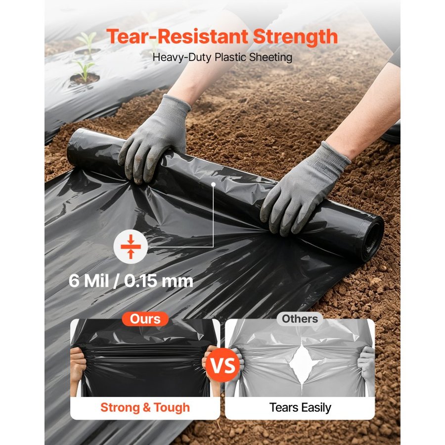 VEVOR 0.15 mm Plastic Sheeting 3.05 x 7.62 m Black Heavy Duty Polyethylene, Thick Plastic Roll for Garden, Drop Cloth Painters Tarp, Polyethylene Covering for Crawl Space Vapor Barrier, Weed Control