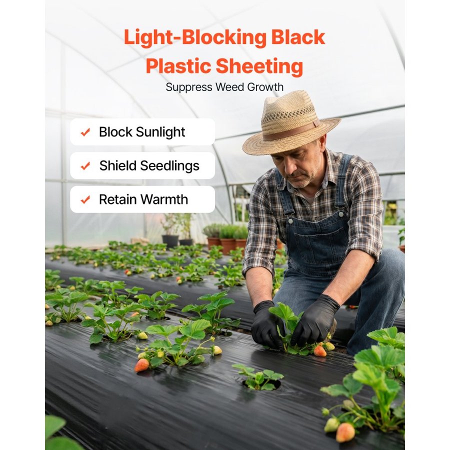 VEVOR 0.15 mm Plastic Sheeting 3.05 x 7.62 m Black Heavy Duty Polyethylene, Thick Plastic Roll for Garden, Drop Cloth Painters Tarp, Polyethylene Covering for Crawl Space Vapor Barrier, Weed Control