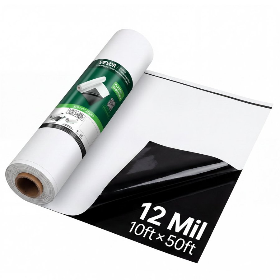 VEVOR 0.3 mm Plastic Sheeting 3.05 x 15.24 m Heavy Duty Polyethylene Roll, Thick Drop Cloth Painters Tarp, Polyethylene Covering for Crawl Space Vapor Barrier, Weed Control, Garden, Black & White