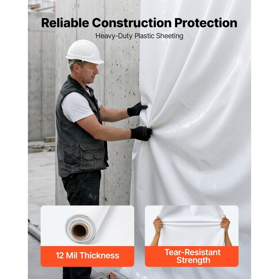 VEVOR 0.3 mm Plastic Sheeting 3.05 x 15.24 m Heavy Duty Polyethylene Roll, Thick Drop Cloth Painters Tarp, Polyethylene Covering for Crawl Space Vapor Barrier, Weed Control, Garden, Black & White