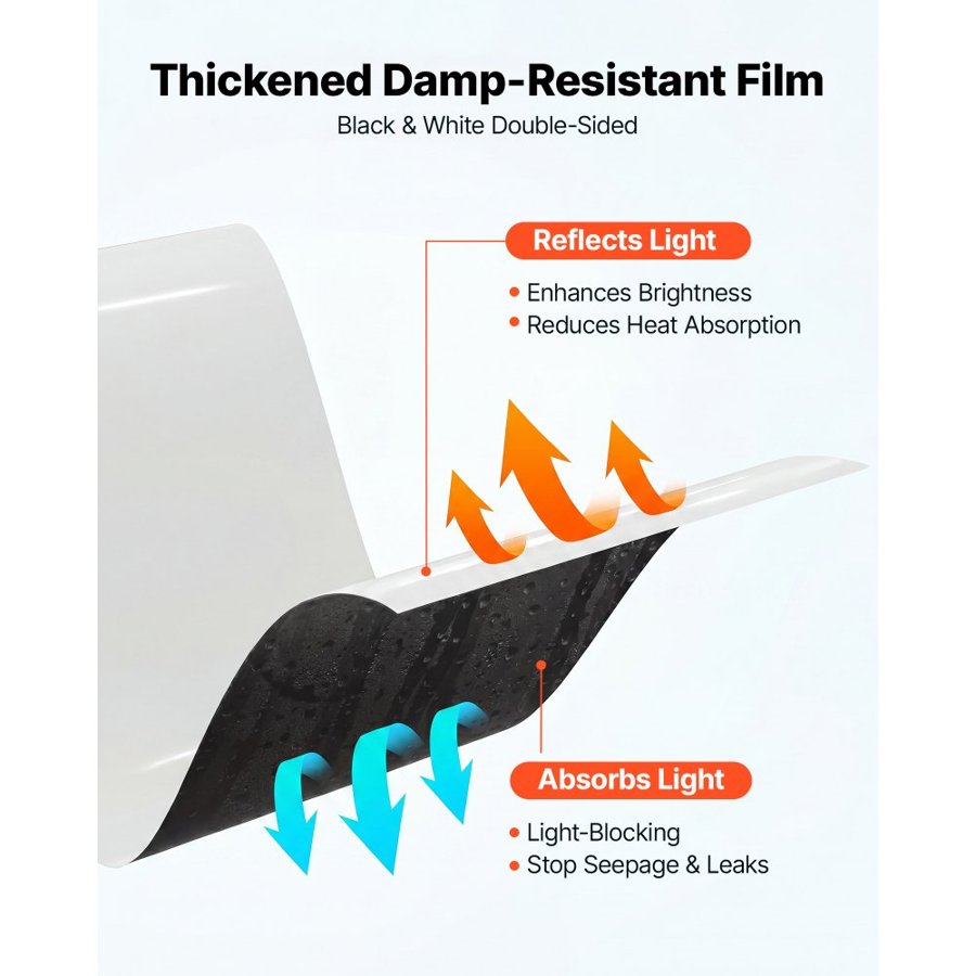 VEVOR 0.3 mm Plastic Sheeting 3.05 x 15.24 m Heavy Duty Polyethylene Roll, Thick Drop Cloth Painters Tarp, Polyethylene Covering for Crawl Space Vapor Barrier, Weed Control, Garden, Black & White