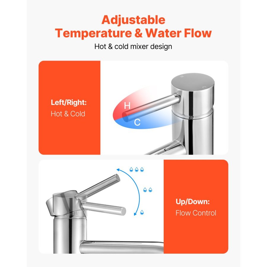 VEVOR Single Handle Sink Faucet, Chrome-Plated Silver Faucet Kitchen Sink, 1 or 3 Hole Kitchen Water Faucets with Push-Button Drain, Suitable for Bathroom, RV, Bar, Public Restroom, High Arc Faucet
