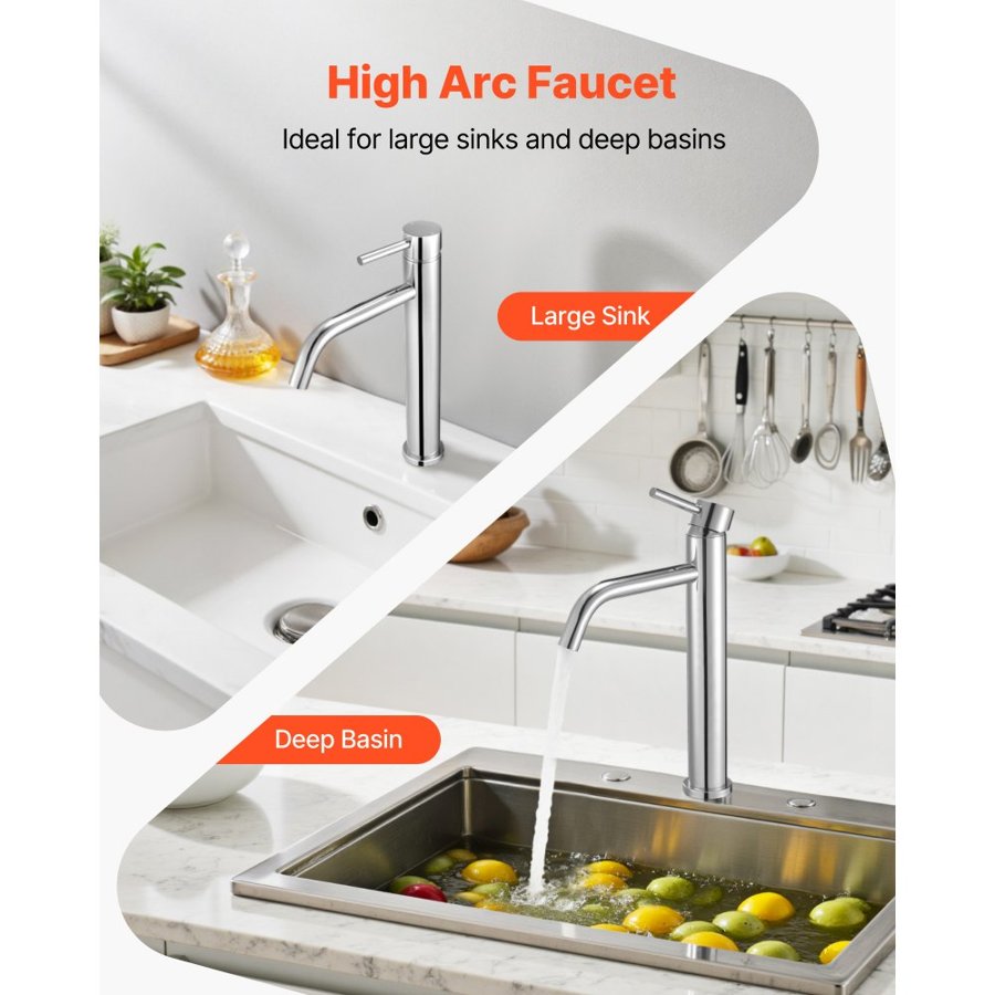 VEVOR Single Handle Sink Faucet, Chrome-Plated Silver Faucet Kitchen Sink, 1 or 3 Hole Kitchen Water Faucets with Push-Button Drain, Suitable for Bathroom, RV, Bar, Public Restroom, High Arc Faucet