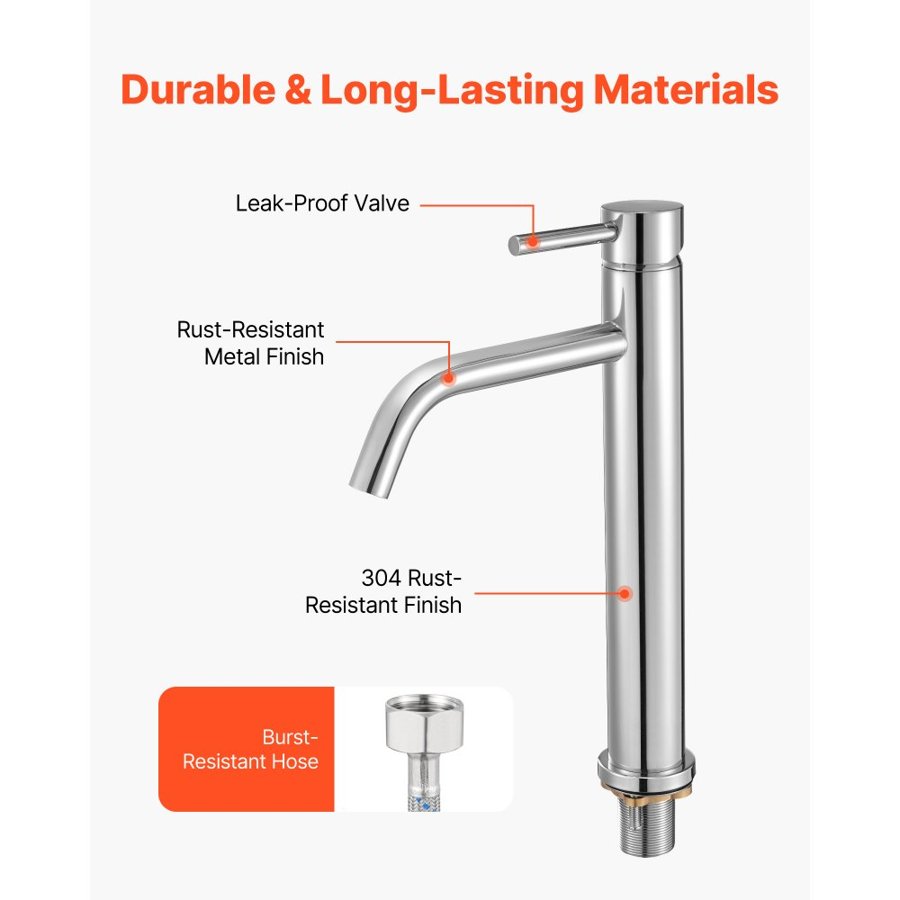 VEVOR Single Handle Sink Faucet, Chrome-Plated Silver Faucet Kitchen Sink, 1 or 3 Hole Kitchen Water Faucets with Push-Button Drain, Suitable for Bathroom, RV, Bar, Public Restroom, High Arc Faucet