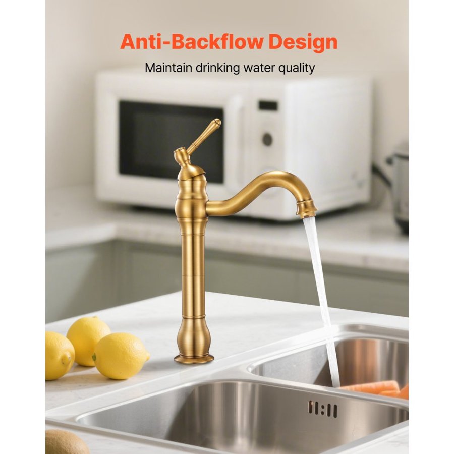 VEVOR Single Handle Sink Faucet, Solid Brass Single Handle Kitchen Faucet, 1 or 3 Hole Kitchen Faucets with Push-Button Drain, Suitable for Bathroom, RV, Bar, Public Restroom, Anti-Backflow Design