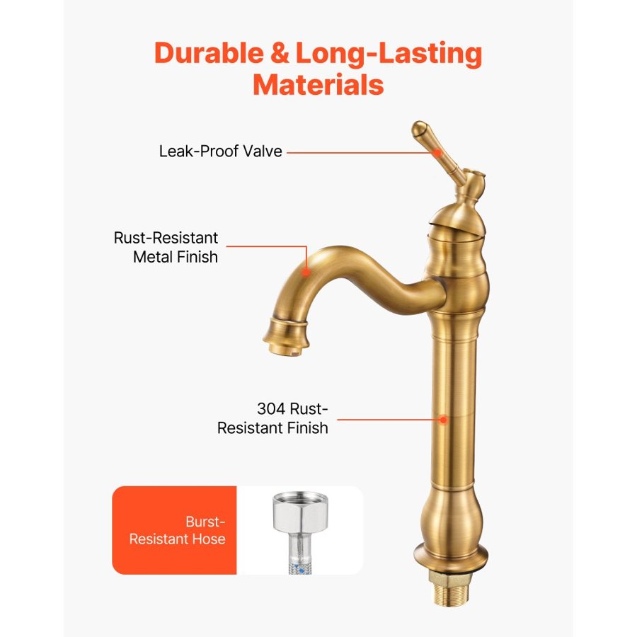 VEVOR Single Handle Sink Faucet, Solid Brass Single Handle Kitchen Faucet, 1 or 3 Hole Kitchen Faucets with Push-Button Drain, Suitable for Bathroom, RV, Bar, Public Restroom, Anti-Backflow Design