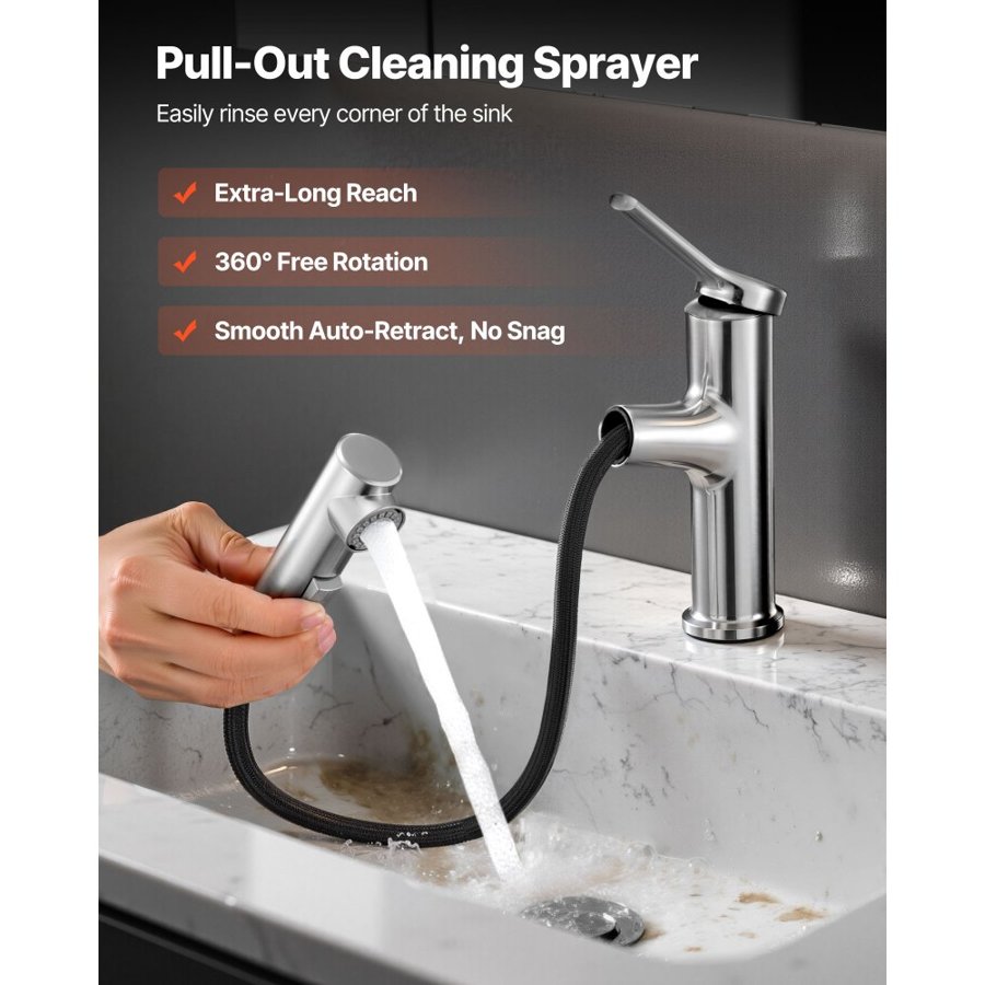 VEVOR Single Handle Sink Faucet, Single Handle Pull Out Faucet 1 or 3 Hole, Brushed Nickel Stainless Steel Sink Faucets with Push-Button Switch, Suitable for Bathroom, RV, Public Restroom, Lead-free