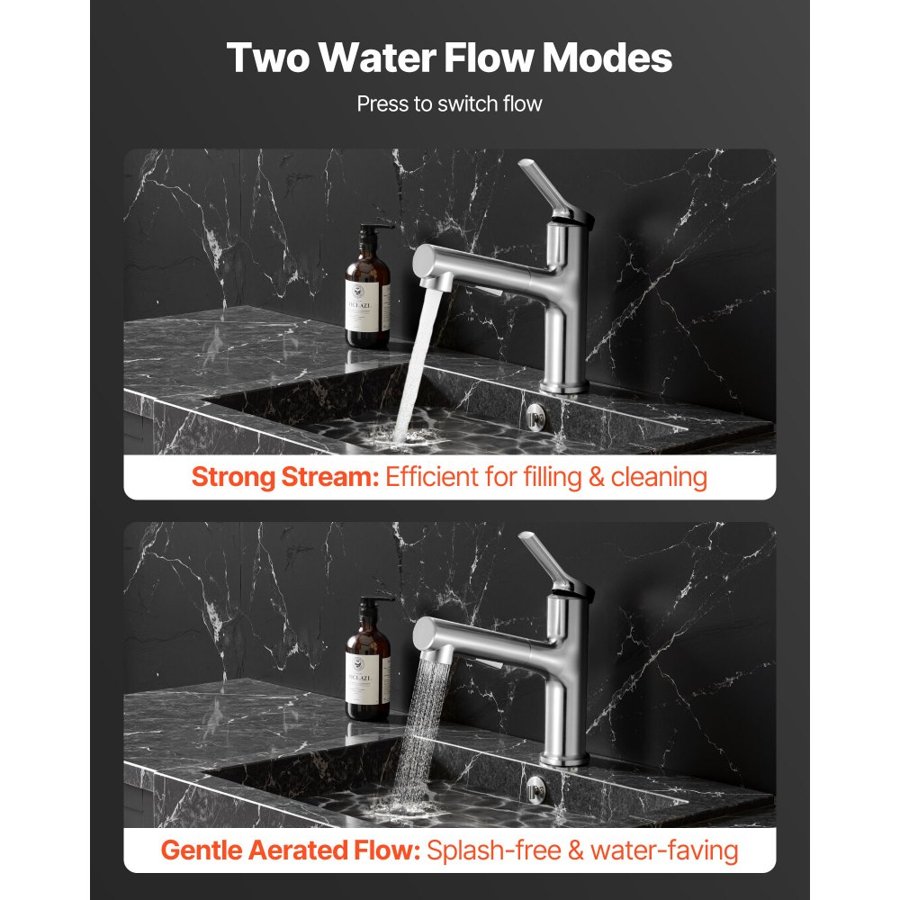 VEVOR Single Handle Sink Faucet, Single Handle Pull Out Faucet 1 or 3 Hole, Brushed Nickel Stainless Steel Sink Faucets with Push-Button Switch, Suitable for Bathroom, RV, Public Restroom, Lead-free