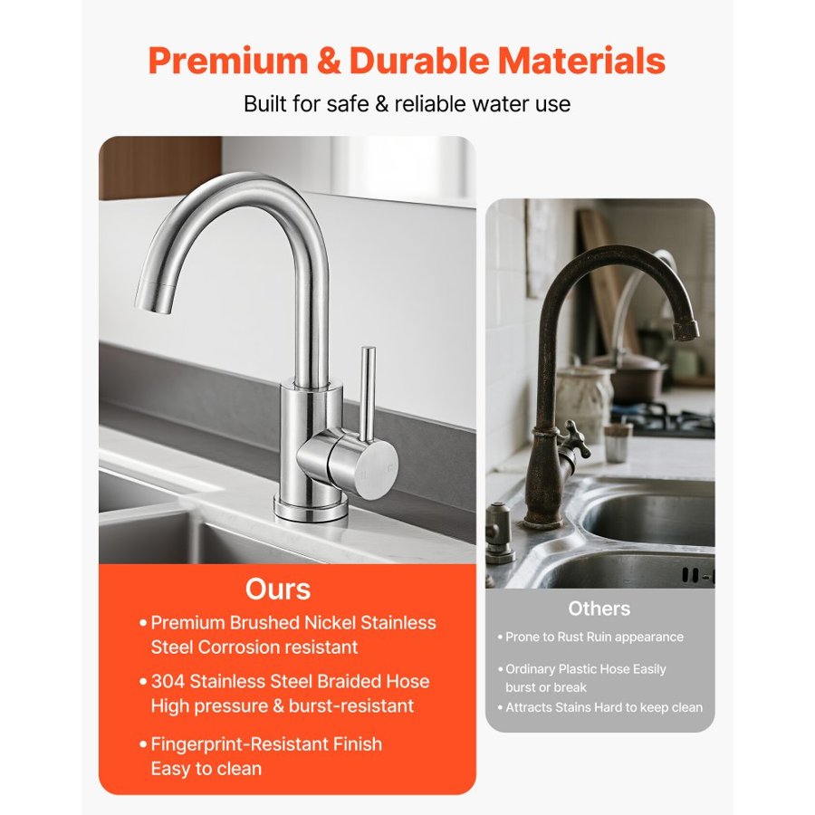 VEVOR Single Handle Sink Faucet, Brushed Nickel Single Handle Bathroom Faucet, Kitchen Water Faucets with Anti-Splash Aerator, Suitable for Bathroom, RV, Bar Sink, Public Restroom, High Arc Spout