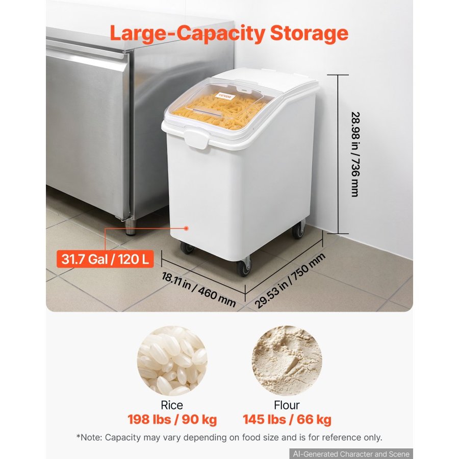 VEVOR Rice Storage Container 120 L/31.7 Gal 90 kg Dog Food Dispenser Bin, for Kitchen Pantry Organization, Large Ingredient Grain Cereal Flour Bin, Pet Food Container with Wheels, Scoop, Slide Lid