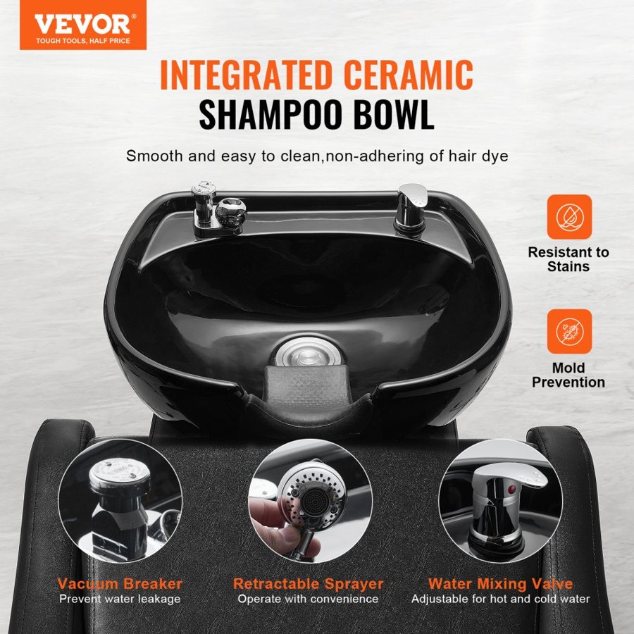VEVOR Shampoo Backwash Chair, 661.4 LBS Loading Salon & Spa Hair Washing Station, Backwash Barber Shampoo Bowl and Chair, Beauty Spa Massage Hairdressing Equipment with Ceramic Bowl and Wide Footrest