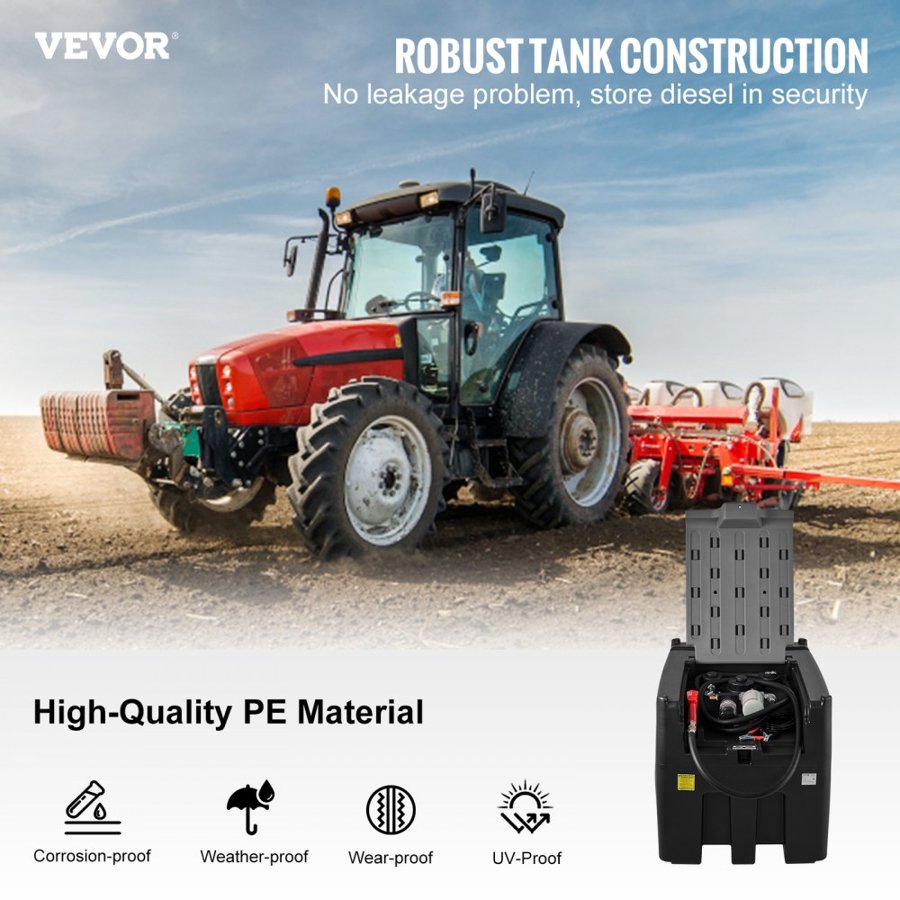VEVOR Portable Diesel Tank, 439.1 L Capacity & 37.85 L/min Flow Rate, Diesel Fuel Tank with 12V Electric Transfer Pump and 399.3 cm Rubber Hose, PE Diesel Transfer Tank for Easy Fuel Transportation, Black