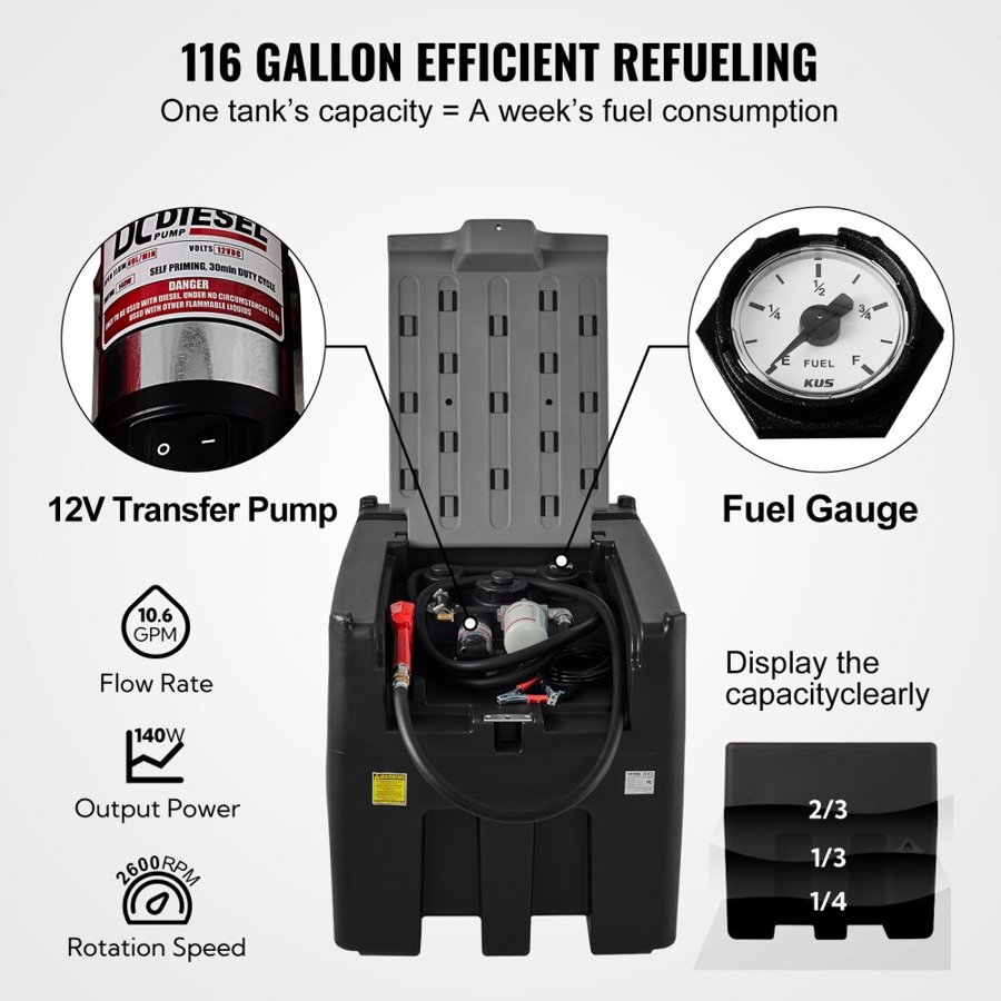 VEVOR Portable Diesel Tank, 439.1 L Capacity & 37.85 L/min Flow Rate, Diesel Fuel Tank with 12V Electric Transfer Pump and 399.3 cm Rubber Hose, PE Diesel Transfer Tank for Easy Fuel Transportation, Black